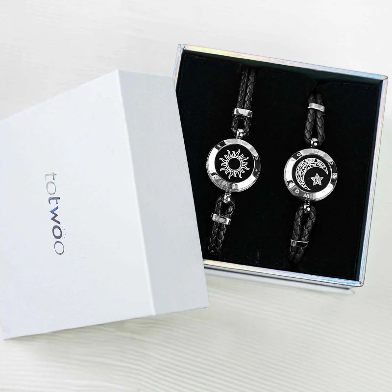 Sun&Moon Touch Bracelets with Braided Leather Rope(Black+Black) - Image 8