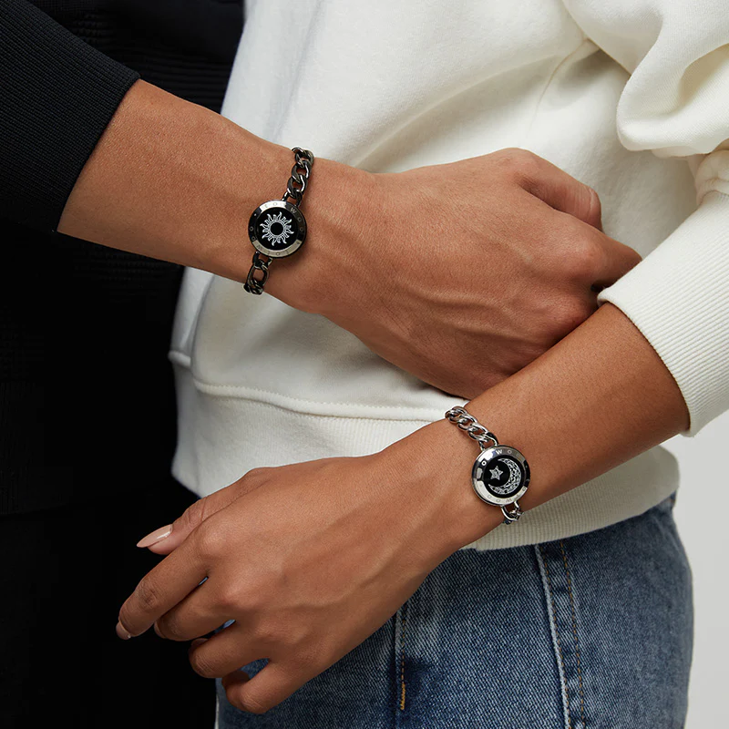 Sun & Moon Touch Bracelets with Figaro Chain (Black+Silver) - Image 3
