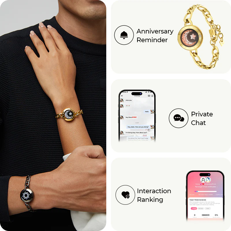 Sun&Moon Touch Bracelets with Figaro Chain(Black+Gold) - Image 3